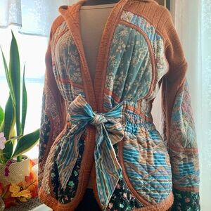 Joseph Magnin 70’s Patchwork Hooded Sweater with cinched Waist and Bow